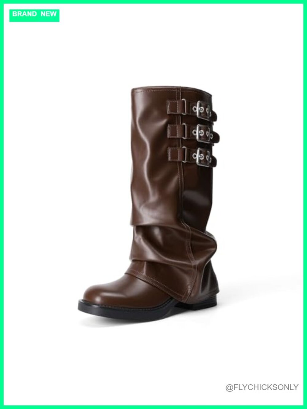 Faux Leather Knee High Fold Over Boots Block Heel Square Toe